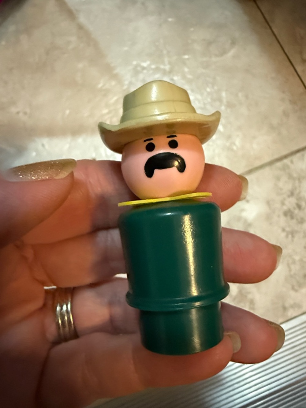 Vintage Fisher Price Little People Play Famiky Zookeper Green & Beige Cowboy hat